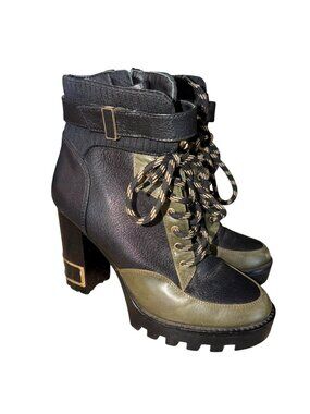 Antonio Melani Lug Sole Leather Lace-Up Ankle Boots Black/Green Womens 8 Modern